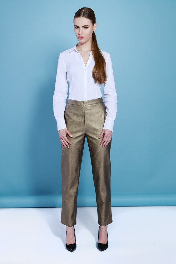 gold faux leather pants