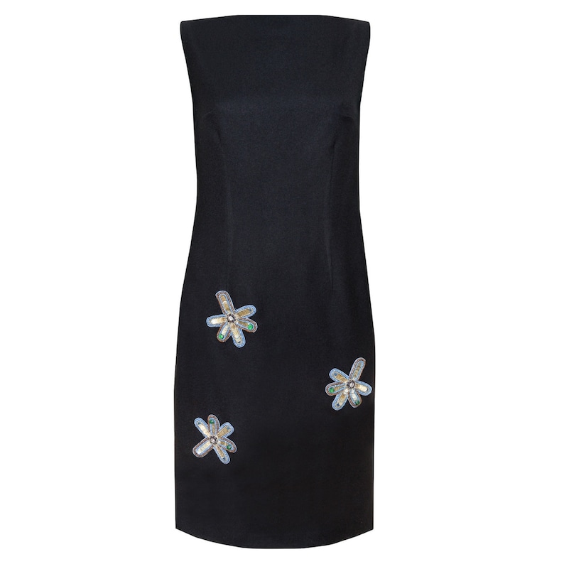 Classic Midi Dress Black Minimalist dress Beaded Cocktail Dress, Elegant Wool Black Dress With Sequin Flowers Trendy Mini Dress