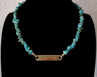 Bijou en turquoise, Collier amour en turquoise, bijou amour, lithothérapie, bijou pierre naturelle, bijou ethnique, talisman de protection