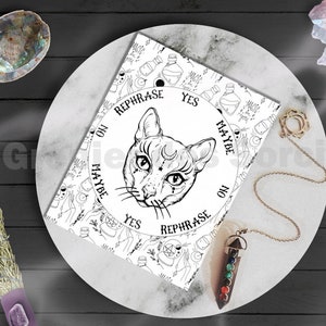 Op de afbeelding: Een zwart-witte illustratie van een kattenkop met een halve maan en sterren op zijn voorhoofd. De illustratie is omgeven door een cirkel met de woorden "Ja", "Misschien", "Nee", "Herformuleren" en "Oh" eromheen geschreven. De illustratie is op een witte achtergrond.