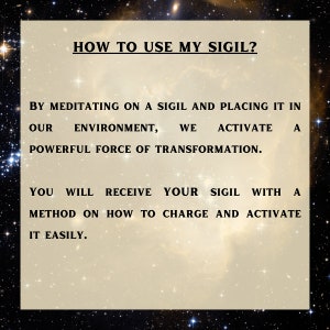 Pu&ograve; includere: Uno sfondo beige con testo nero che spiega come usare un sigil. Il testo dice "COME USARE IL MIO SIGIL? MEDITANDO SU UN SIGIL E COLLOCANDOLO NEL NOSTRO AMBIENTE, ATTIVIAMO UNA POTENTE FORZA DI TRASFORMAZIONE. RICEVERAI IL TUO SIGIL CON UN METODO SU COME CARICARLO E ATTIVARLO FACILMENTE."