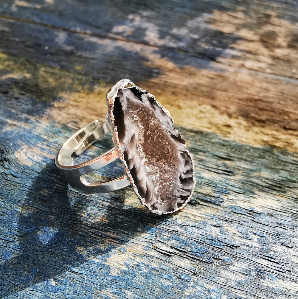 Bague en Agate, Géode Agate Cristallisée, Bijou de Protection, Bague Pierre Naturelle, Lithothérapie