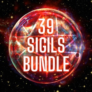 May include: A red, orange and blue swirling sphere with a white starburst design and the text "39 Sigils Bundle" in white.