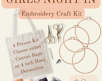May include: An embroidery craft kit labeled "GIRLS NIGHT IN." The kit includes a canvas bag, embroidery hoops, scissors, needles, and spools of thread in various colors. The kit also includes several small, illustrated designs.