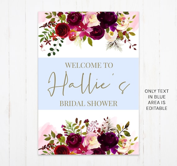 Burgundy Floral Welcome Baby Shower Sign Template Marsala Baby Welcome Sign Burgundy Bohemian Shower Welcome Sign Large Signage 034
