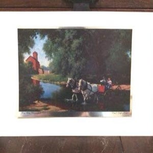 May include: A matted print featuring a landscape painting of two white horses pulling a carriage through a shallow stream. A red building stands near the water under green trees. The text "The Old Mill" and "Paul Detlefsen" is printed below.
