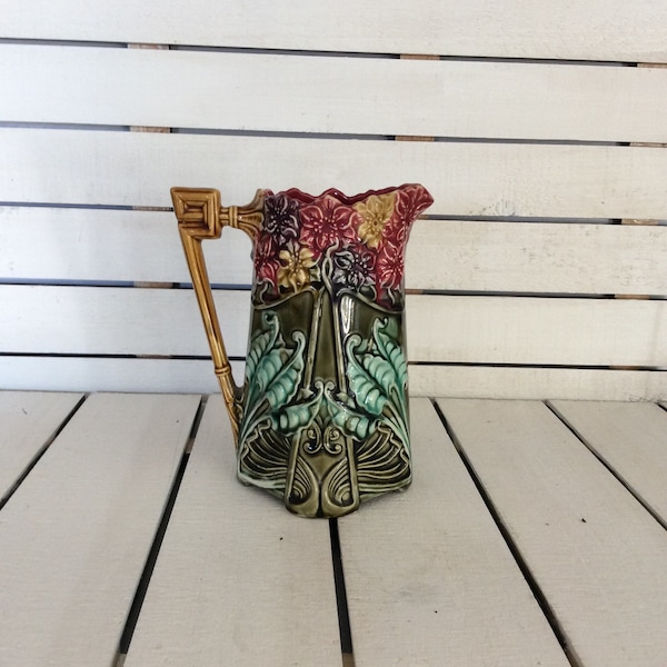 Antique Frie Onnaing Art Nouveau Majolica Pitcher #825 Made in France Mouzin Family Controlled Shield and Crown Stamp VintageFindsFound