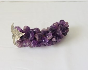 Polished Amethyst Stone Purple Grape Cluster with Metal Leaf Bar Decor VintageFindsFound