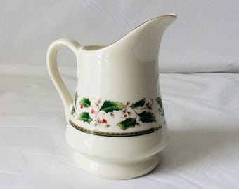 Holly Holiday Creamer Holly Band Gold Trim VintageFindsFound Christmas Dinnerware