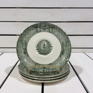 SCIO Currier and Ives Green Set of 4 Saucers in Green Transferware Made in USA Replacement VintageFindsFound Butter Churn Plow and Harness