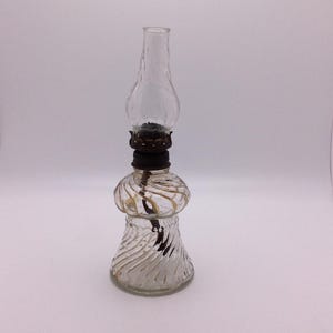 Antique Clear Spiral Detailed Small Glass Kerosene Oil Lamp 8&quot; tall to the tip of the Chimney VintageFindsFound Farmhouse Decor Vanity Lamp