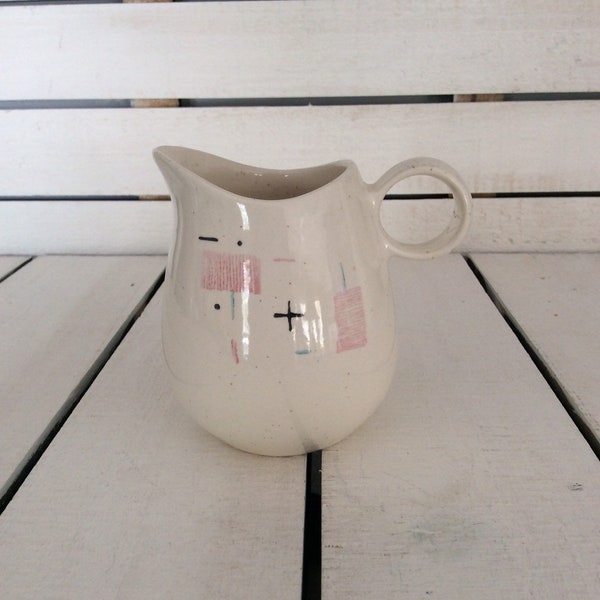 Vintage Vernon Ware by Metlox Tickled Pink Creamer Made in California USA Mid Century Modern Pink Squares Gray and Black Lines MCM