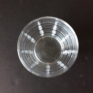 Op de afbeelding: Een heldere glazen kom met een cirkelvormig ontwerp met concentrische ringen en verticale ribbels die vanuit het midden naar de rand uitstralen. De kom heeft een gladde binnenkant en een getextureerde buitenkant met patronen.