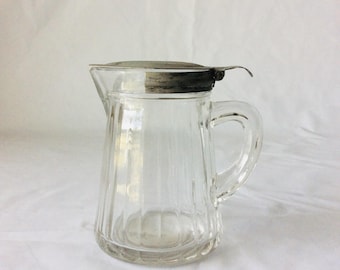 Pressed Glass Syrup Pitcher with Metal Lid Ribbed Design Slide on/off lid Made in USA VintageFindsFound Clear Ribbed Glass Country Kitchen