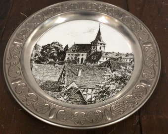 Vintage Lang Ebrach Bavaria Georg Vetter Pewter Framed Porcelain Plate Made in Germany Replacement Discontinued Discounted VintageFindsFound