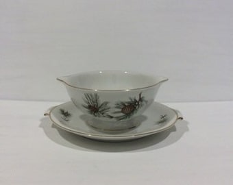 Saucière Rosenthal vintage avec sous-plaque fixée au motif aiguilles de pin Fabriqué en Allemagne Remplacement abandonné