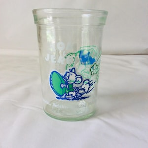 Słoik na galaretkę Tom & Jerry Szklanka do soku 1991 Gra w piłkę nożną Wyprodukowano w USA Zamiennik Seria kreskówek VintageFindsFound Niebieski Zielony