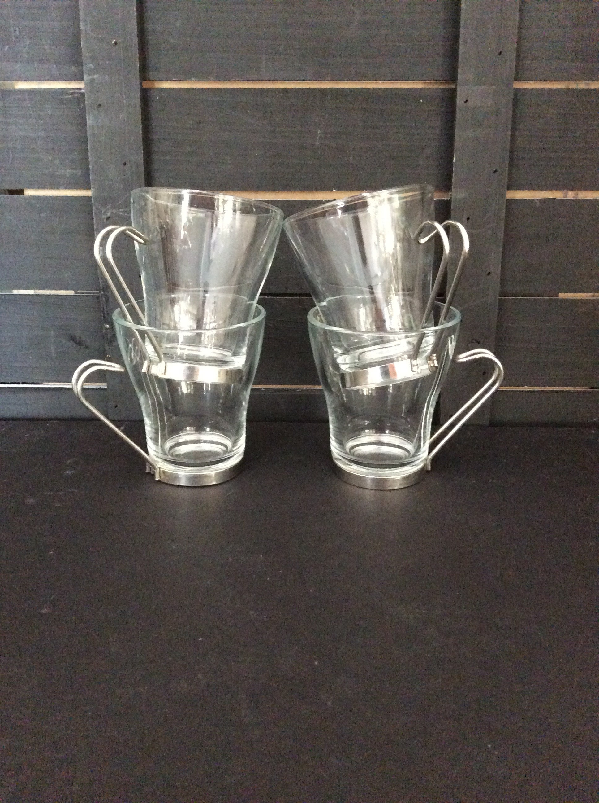 4 Bormioli Rocco Verdi Oslo Glass Cups Mugs Stainless Handles Espresso  Demitasse