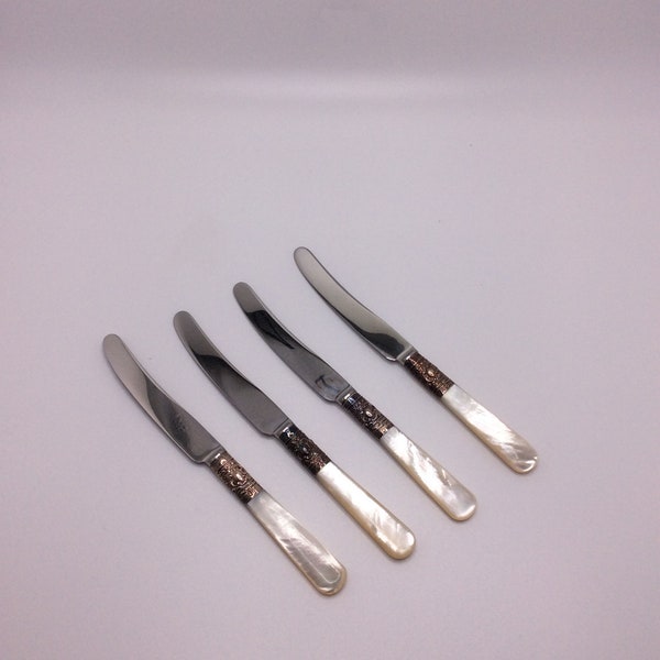 Set of 4 Vintage Marhill Mother of Pearl Sterling and Stainless Dessert Knives Replacement Discontinued VintageFindsFound Made in England