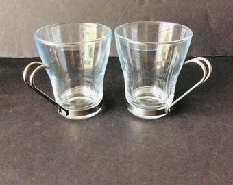 Vintage Bormioli Rocco Espresso Cups, Metal Handle Set of 2