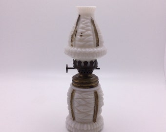 Antique Miniature "Shag" Christmas Tree Oil Lamp Gone With The Wind Style Milk Glass with Gold Accent VintageFindsFound Replacement Kerosene