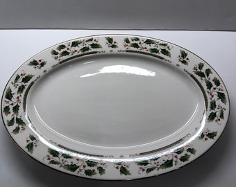 Holly Holiday 14" Oval Serving Platter Holly Band Gold Trim VintageFindsFound