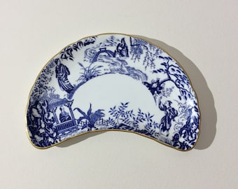 Royal Crown Derby Blue Mikado Crescent Salad Plate with Gold Rim Made in England VintageFindsFound Blue Oriental Scene On White