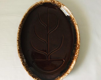 Vintage Mount Clemens Pottery Oval Serving Platter, Brown Drip Glaze