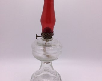 Antique Small P & A Kerosene Oil Lamp with a Red Chimney Standing  10 1/8&quot; Tall Early American Lighting VintageFindsFound Historical