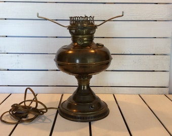 Brass Kerosene Table Lamp Converted to Electric with Shade Holder Maker Unknown VintageFindsFound Retro Decor Farmhouse Decor