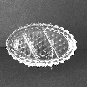 Fostoria American Clear 9&quot; Oval 3 Part Relish Dish Replacement VintageFindsFound Retired Fire Polished Glass Brilliant Cubist Stacked Cube