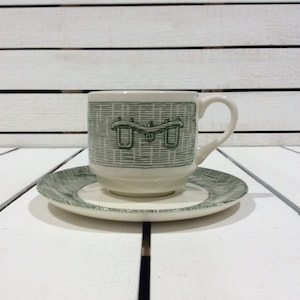 Scio Currier and Ives Green Transferware Flat Cup and Saucer in Made in USA Replacement DiscontinuedVintageFindsFound