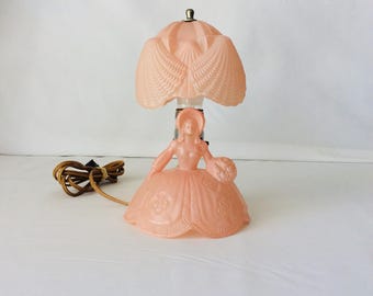 Southern Belle Frosted Pink Bedside Lamp L.E. Smith Molded Glass Art Deco VintageFindsFound Nursery Lighting Girls Room Lighting