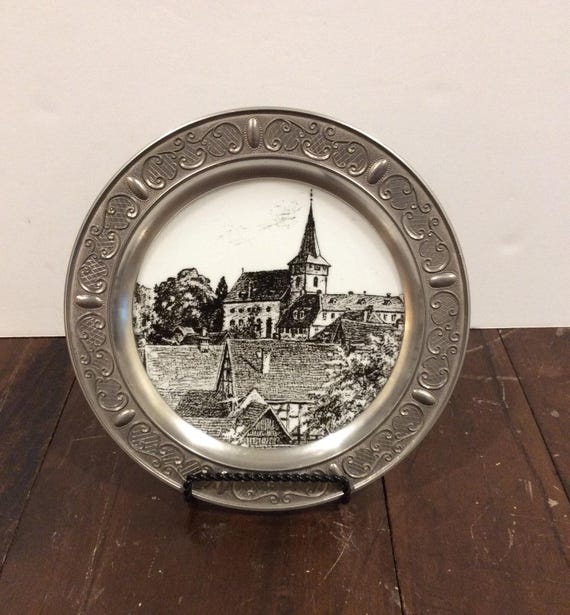Lang Ebrach Bavaria Georg Vetter Pewter Framed Porcelain Plate Made in Germany Replacement Discontinued Discounted VintageFindsFound