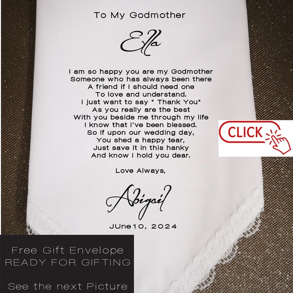 Godmother gift from Bride,Wedding lace handkerchief, Print,Godparent gift from Godchild,Handkerchief gift, Godmama Quotes,Mamma poem, 8127