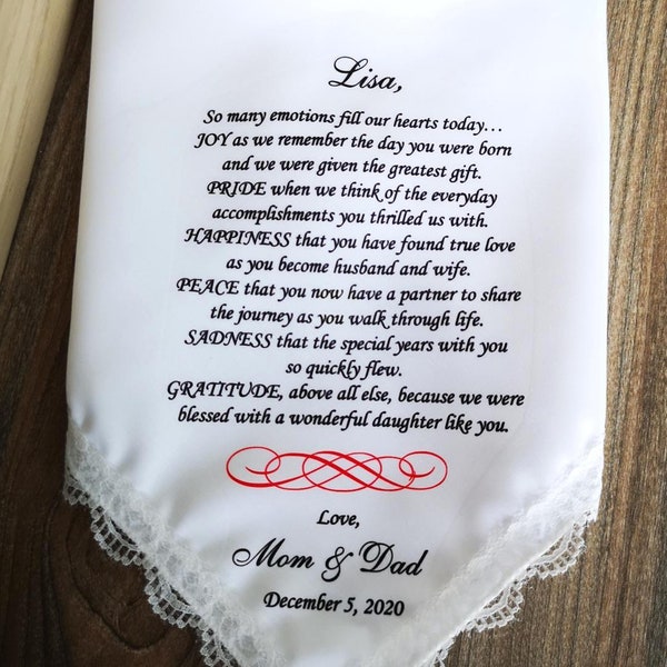 Daughter gift from Parents, Personalized handkerchief, Bride gift, Bridal gift, So many emotions fill our hearts today, GRATITUDE, 8067