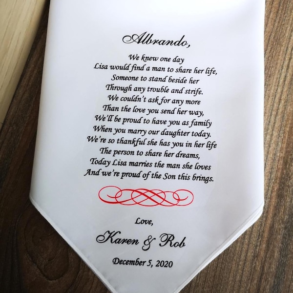 Son in law gift from Bride Parents, Personalized handkerchief ,Things to say to our son-in-law ,When you marry our daughter today.8066