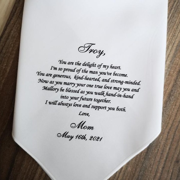 Personalized Handkerchief Gift For Son From Mom, Congratulation on your wedding day, You are the delight of my heart. 8076