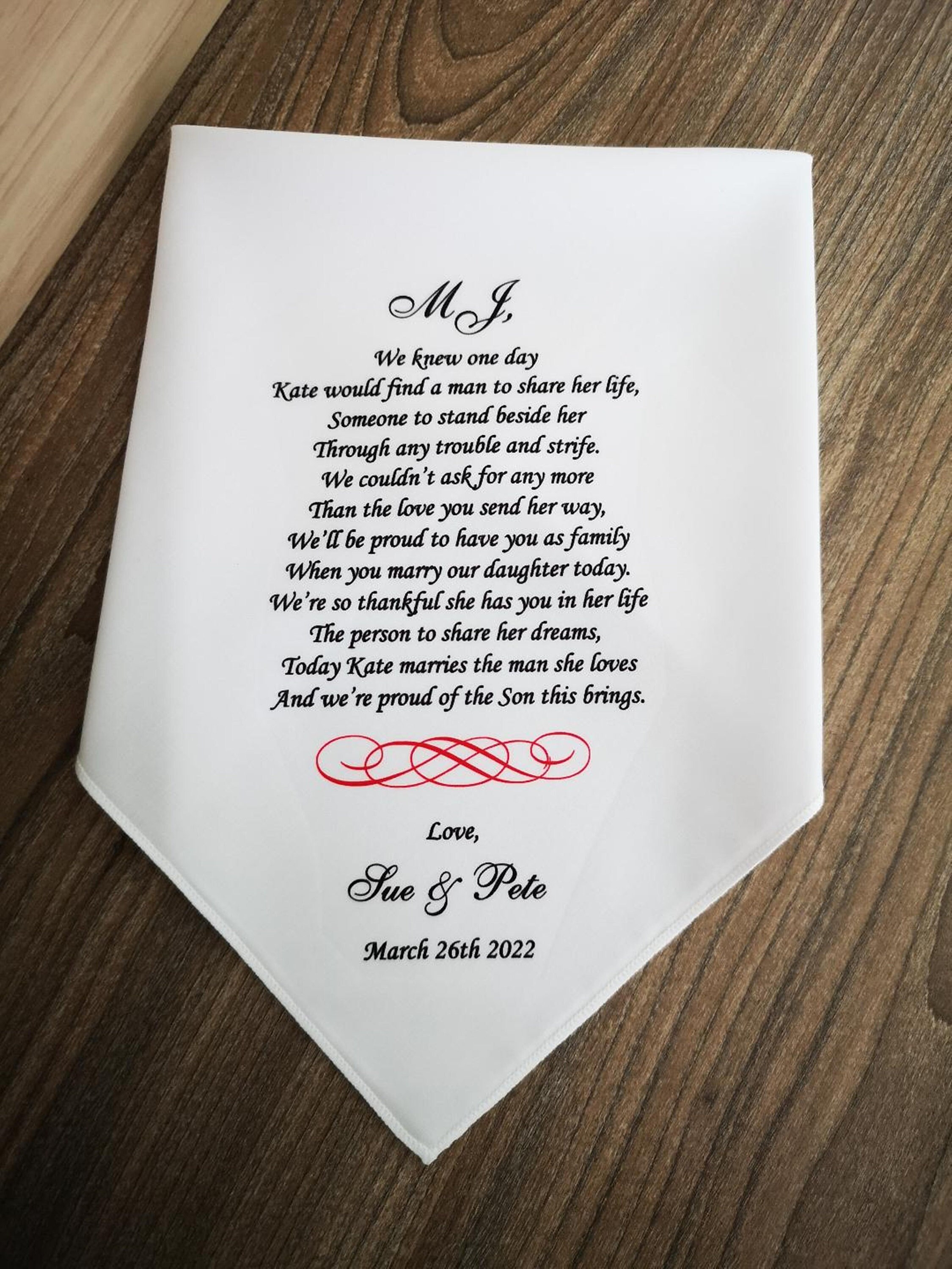 Wenn Sie heute unsere Tochter heiraten, Schwiegersohn Geschenk, Taschentuch von den Eltern der Braut, Hochzeitstaschentuch für Schwiegersohn, 8066B