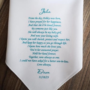 Hold her hand forever, Together, now always as one, To my Son in Law handkerchief gift, Handkerchief from Mother of the Bride, 8097