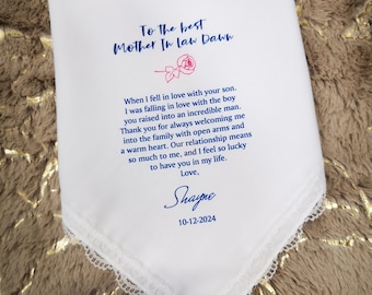 To The Best Mother In Law Wedding Handkerchief Gifts, Personalized handkerchief for Mother Of The Groom gift from Daughter In Law,8071