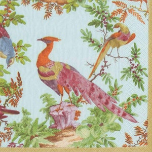 Op de afbeelding: Een blauwe achtergrond met een kleurrijke fazant die op een rots zit, omringd door groene bladeren en takken. Een kleinere vogel met oranje en gele veren zit op een tak in de rechterbovenhoek.