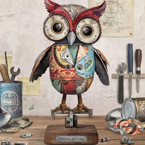 Peut inclure: Sculpture de hibou en métal de style steampunk. Le hibou est fait de pièces métalliques recyclées, avec des engrenages pour les yeux et des panneaux colorés. La base porte l'inscription "Noctua Optima".