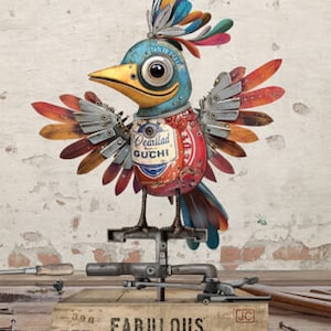 Peut inclure: Une sculpture d'oiseau colorée et fantaisiste réalisée à partir de matériaux recyclés. L'oiseau est perché sur un support en métal et a une expression fantaisiste, presque caricaturale. Le corps de l'oiseau est fait de diverses pièces de métal, dont une canette sur laquelle sont imprimés les mots "Pearllaid Gucci". Les ailes de l'oiseau sont largement déployées et ses plumes de la queue sont faites de pièces de métal colorées. L'oiseau est posé sur une base en bois sur laquelle est imprimé le mot "FABULOUS".