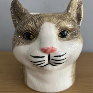 May include: A ceramic mug in the shape of a cat's head. The mug has a white face with brown and grey markings, yellow eyes, a pink nose, and black whiskers. The mug is designed to resemble a cat's face.