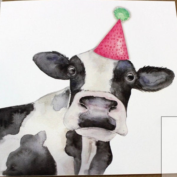 Birthday Cow in Hat Greetings Card & Envelope FREE UK POSTAGE