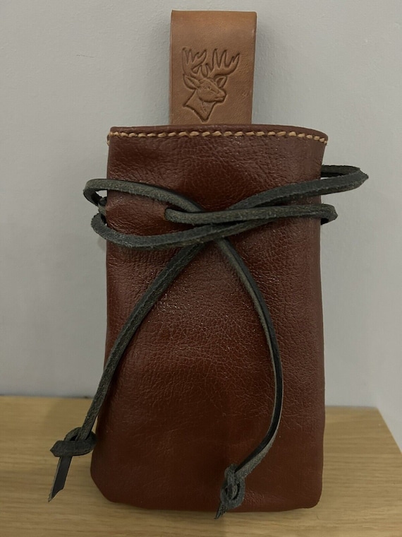 Deer Stag Handmade Leather Drawstring Pouch Belt Loop Vintage Coin