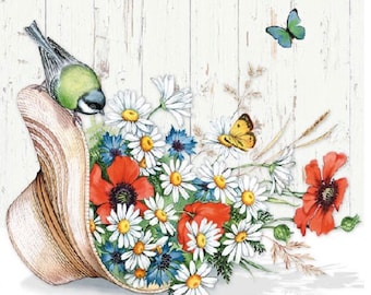 Summer Hat Paper Napkins, Floral Bird Design (Pack of 5)