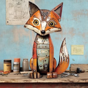 Peut inclure: Une sculpture de renard en métal rouillé avec de la peinture orange, brune et grise. Le renard est debout sur un établi en bois avec des outils et des bidons de peinture.