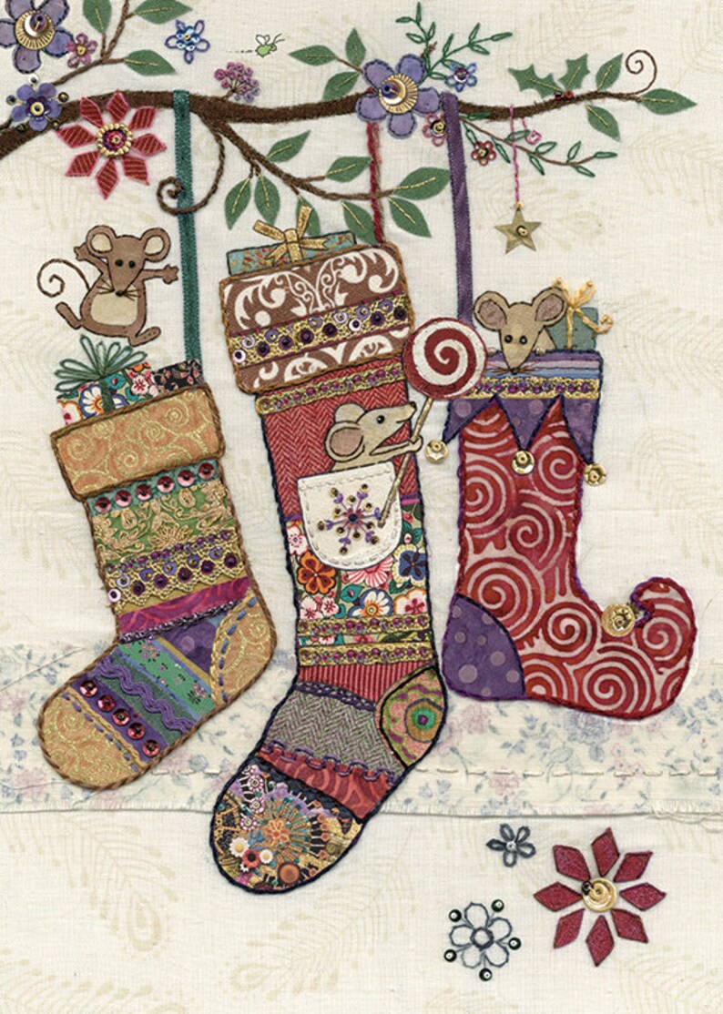 Bug Art Christmas Card Mice Stockings Greetings Card FREE UK POSTAGE